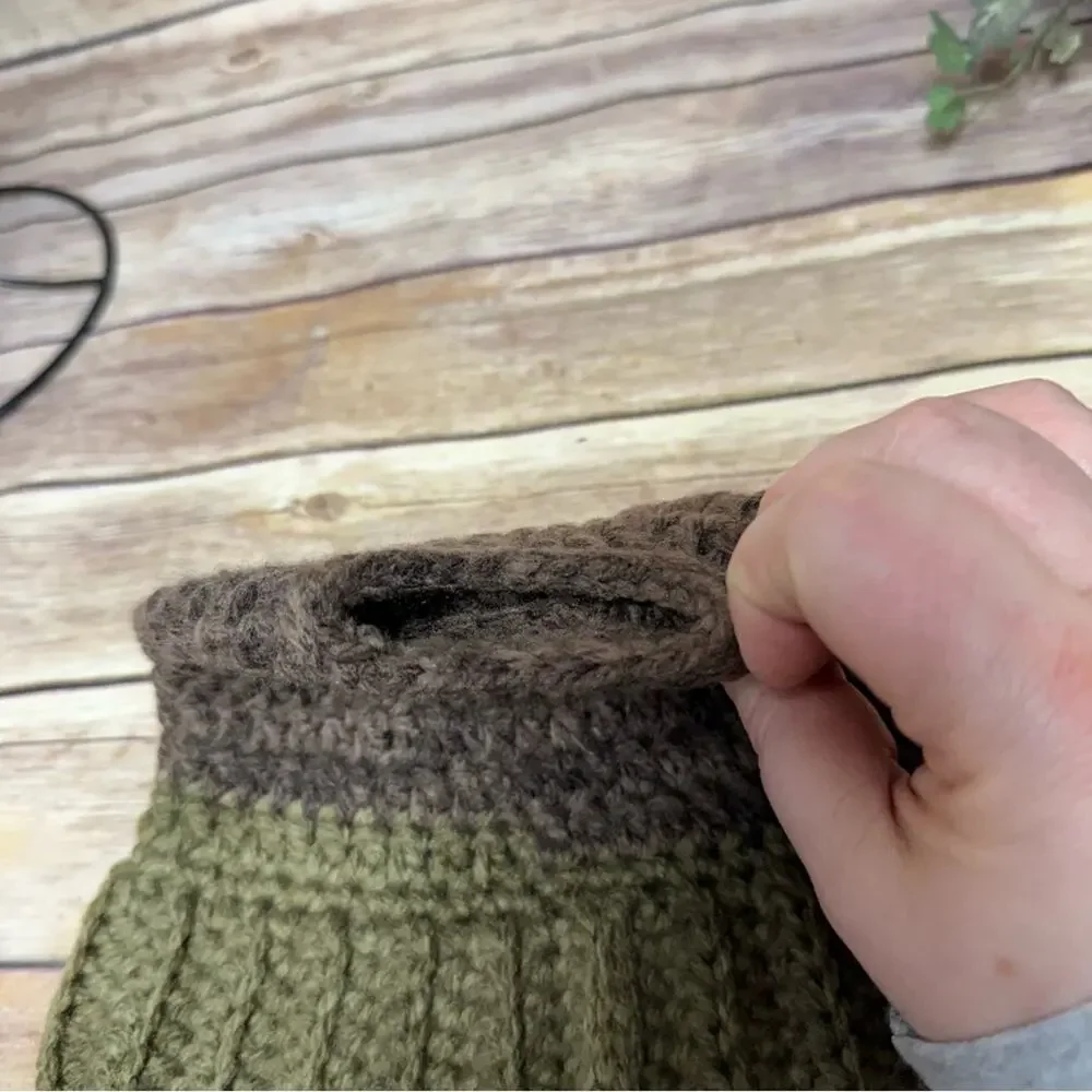 Stylish Knit Women's Beanie with Buttons - Olive and Chocolate Messy Bun
